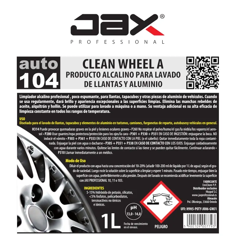 JAX auto 104 Clean Wheel A • PRODUCTO ALCALINO PARA LAVADO DE LLANTAS Y ALUMINIO - Imagen 2