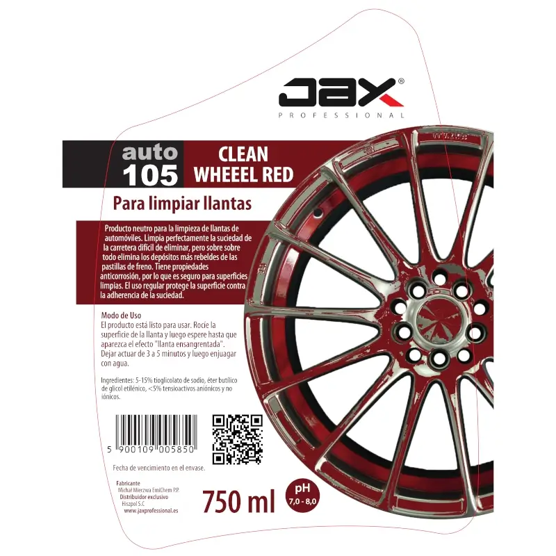ETIQUETA DE JAX auto 105 CLEAN WHEEEL RED • PARA LIMPIAR LLANTAS