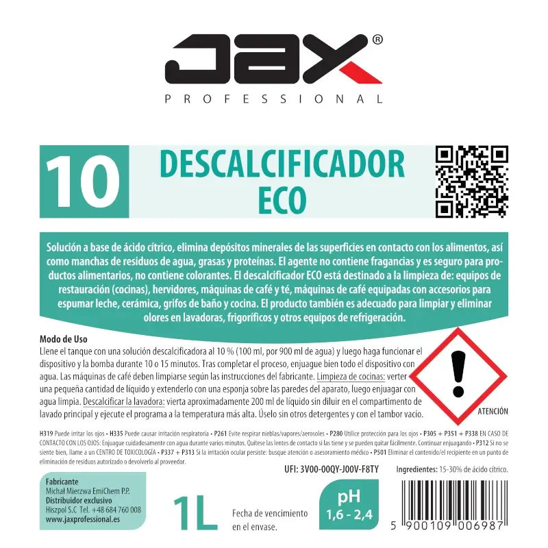 etiqueta de JAX 10 Descalcificador ECO • Profesional