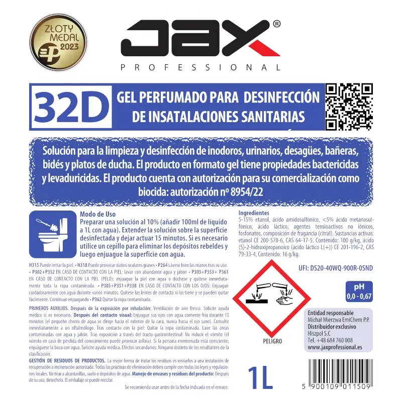 etiqueta de JAX 32D Gel perfumado para la limpieza y desinfección de inodoro