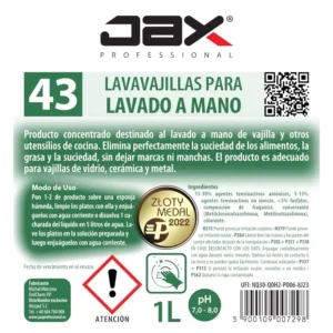 Etiqueta de Jax 43 LAVAVAJILLAS CONCENTRADO PARA EL LAVADO A MANO